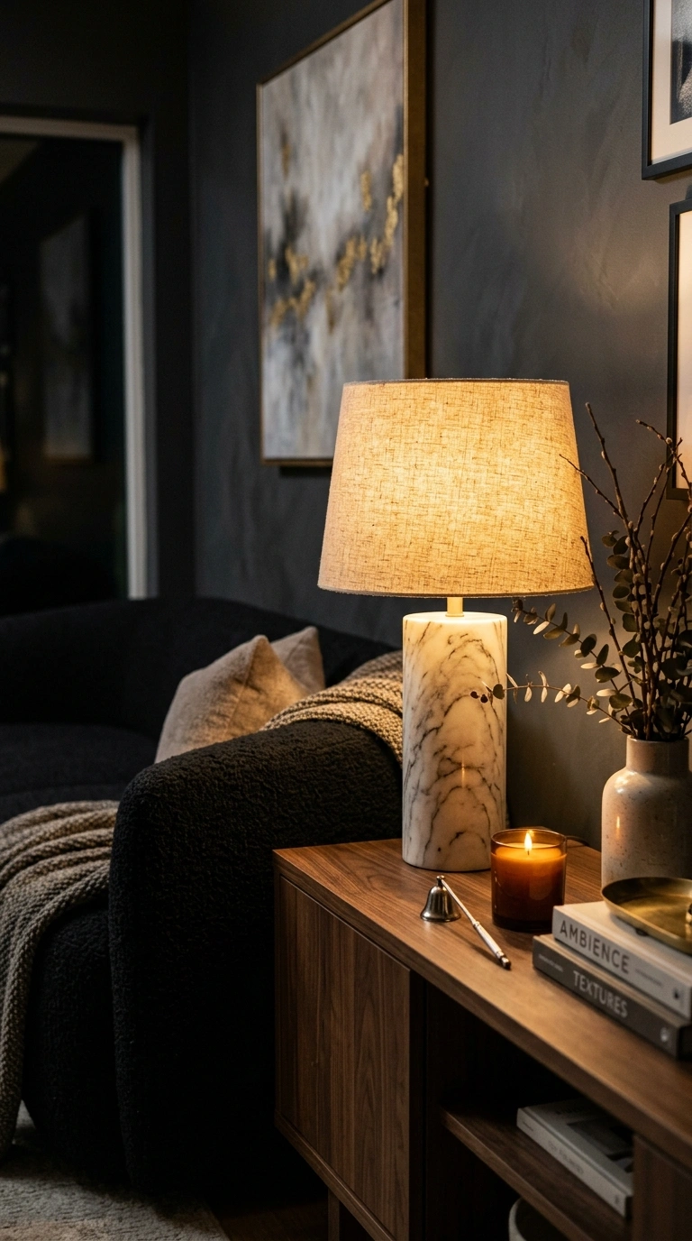 009 A living room with a marble base table lamp and a