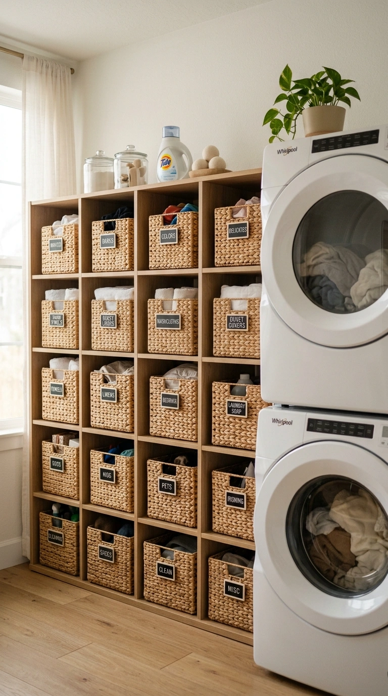 009 A modular open cubby wall system beside a stacked