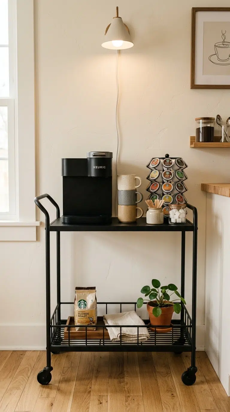 009 A narrow black metal bar cart set up as a mobile c