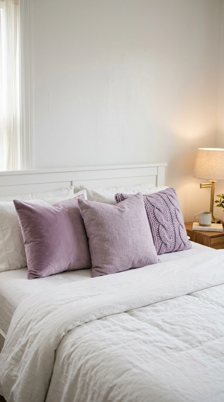 009 A neutral white bed styled with three lavender thr