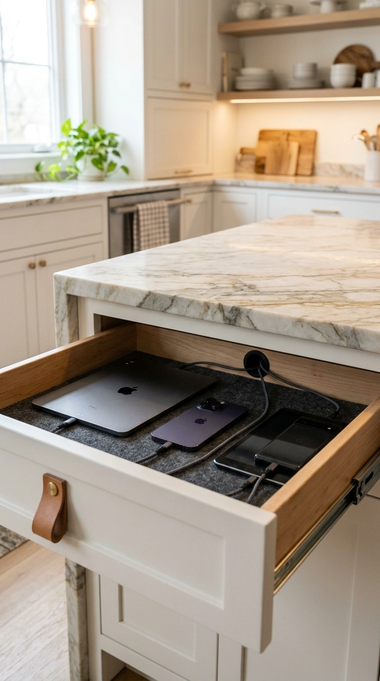 009 A shallow top island drawer open to show a hidden