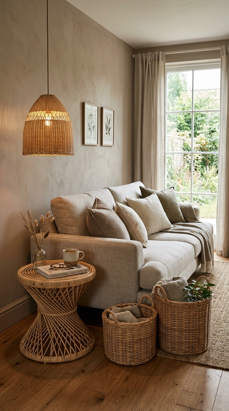 009 A taupe living room styled with layered rattan and