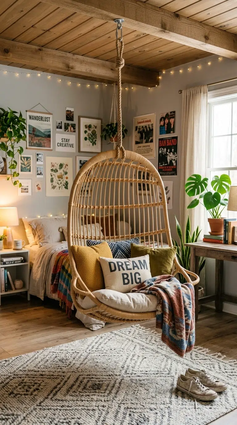 009 A teen bedroom with a hanging rattan chair suspend