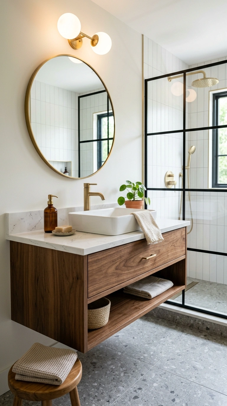 009 A wall mounted floating vanity in warm wood tone w