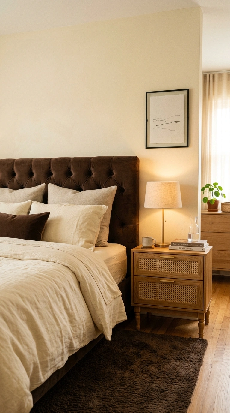 009 A warm bedroom with buttermilk walls and bedding a