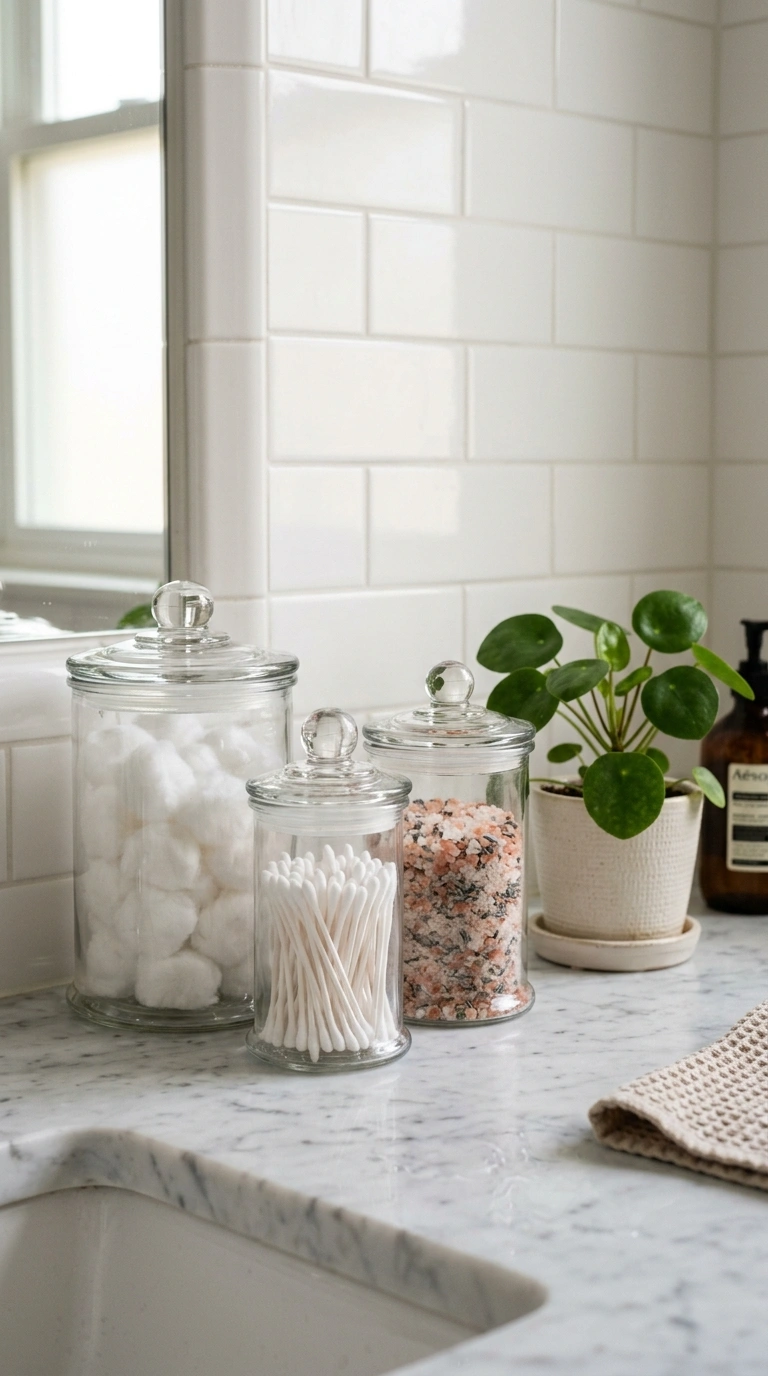 009 Glass Apothecary Jars A bathroom counter with thre