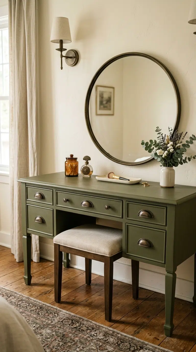 009 Muted Olive Vanity A matte olive green vanity with