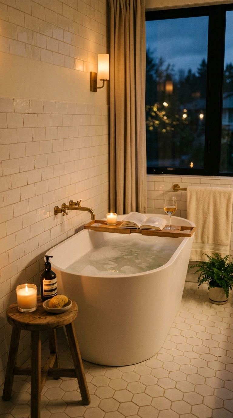 010 A bathroom lit by a soft dimmed warm light in the