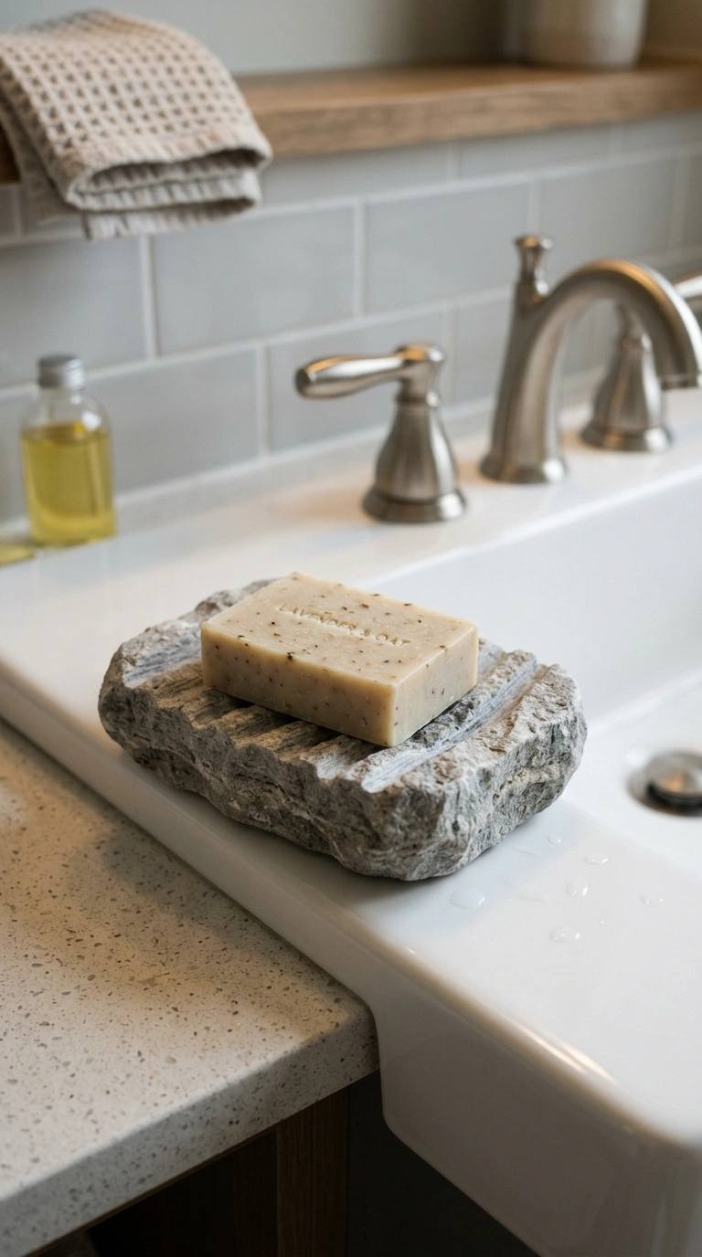 010 A bathroom sink edge holding a carved soft gray st