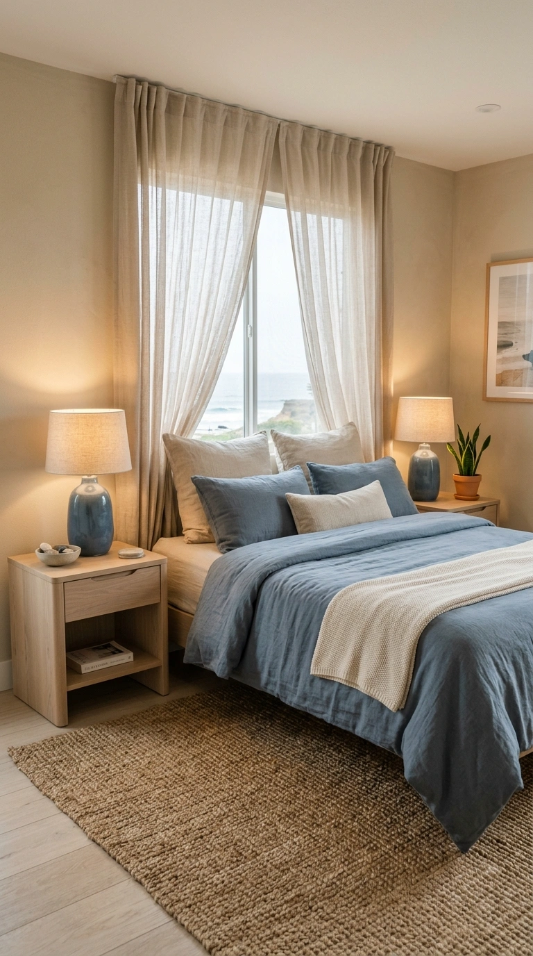 010 A calm coastal modern bedroom with sand colored wa