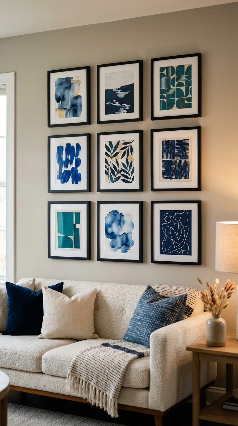 010 A gallery wall of art in cobalt navy and teal tone
