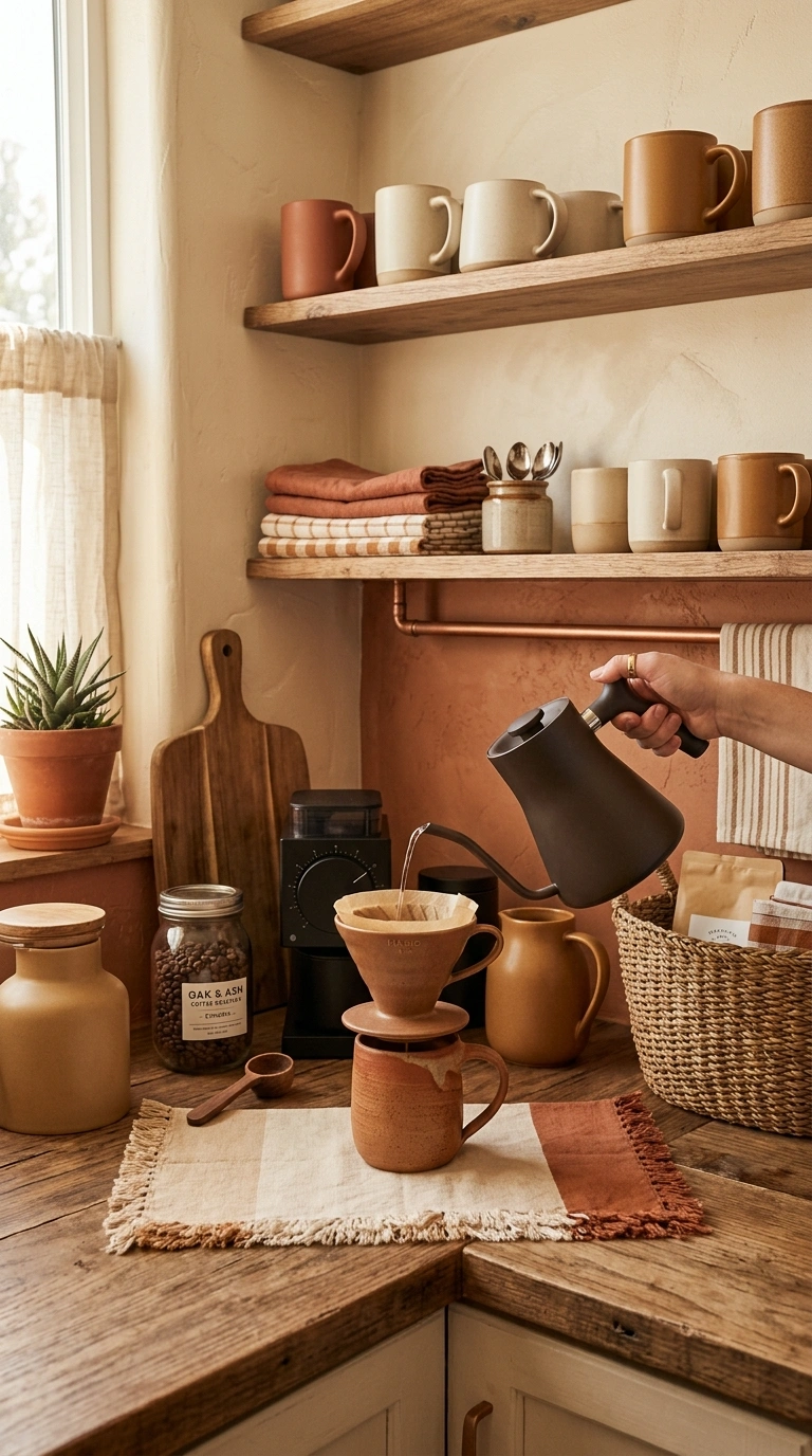 010 A home coffee bar in a warm earthy palette of crea