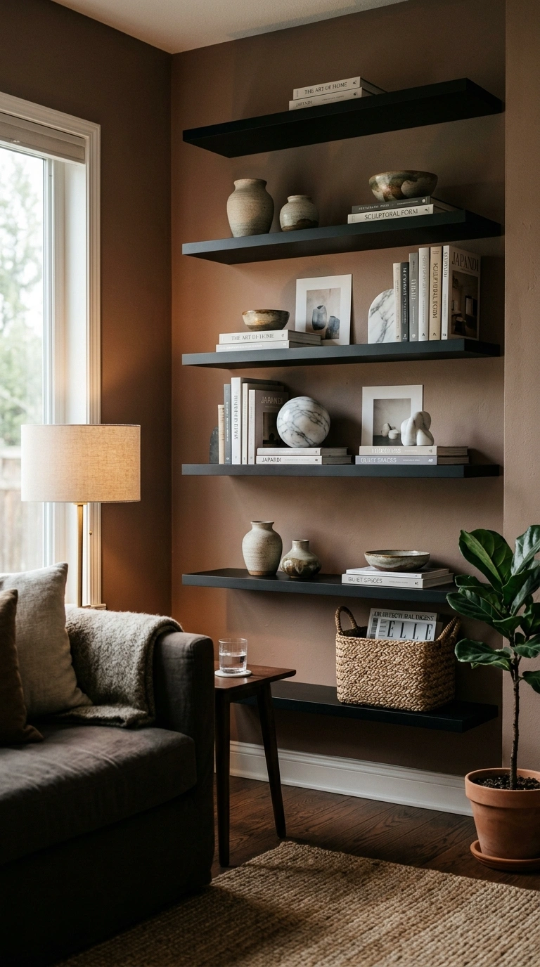 010 A living room with black floating shelves against