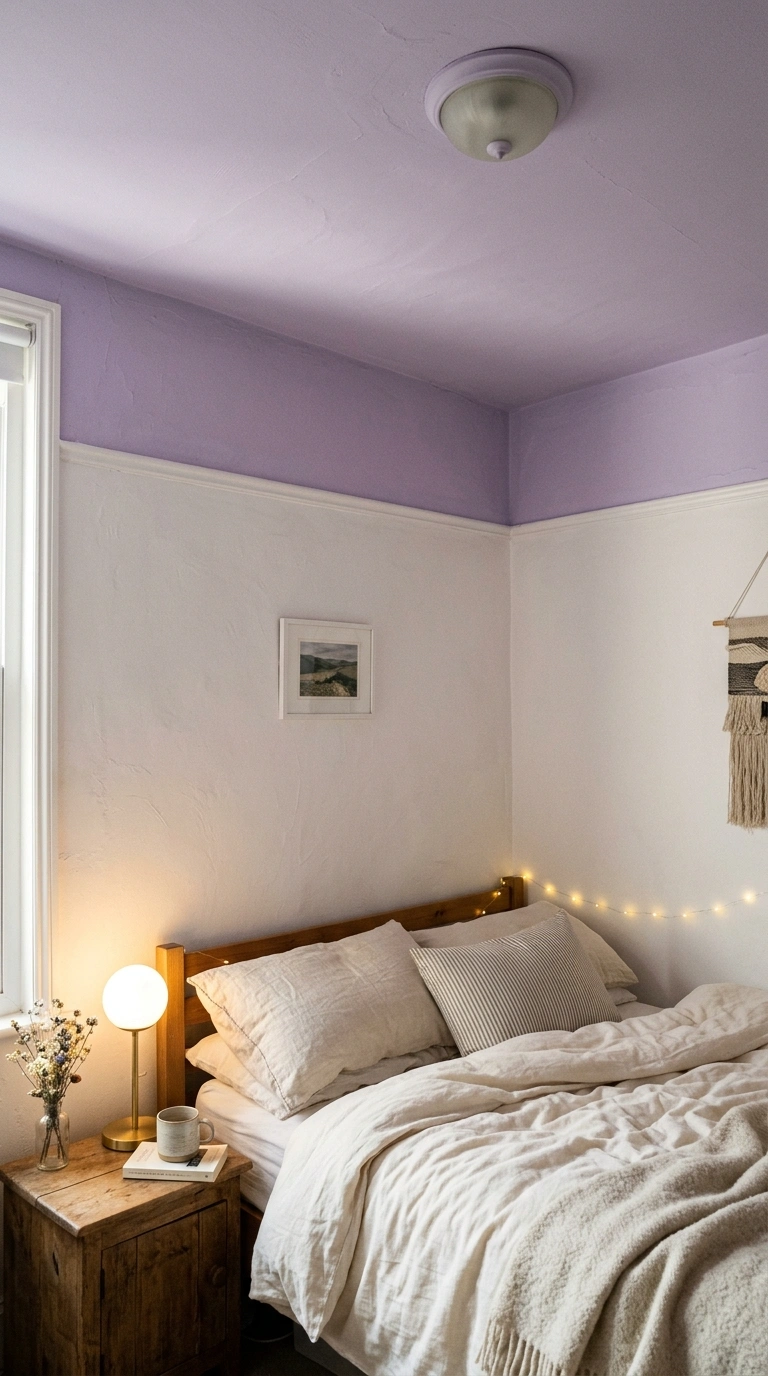 010 A small bedroom with a soft lavender painted ceili