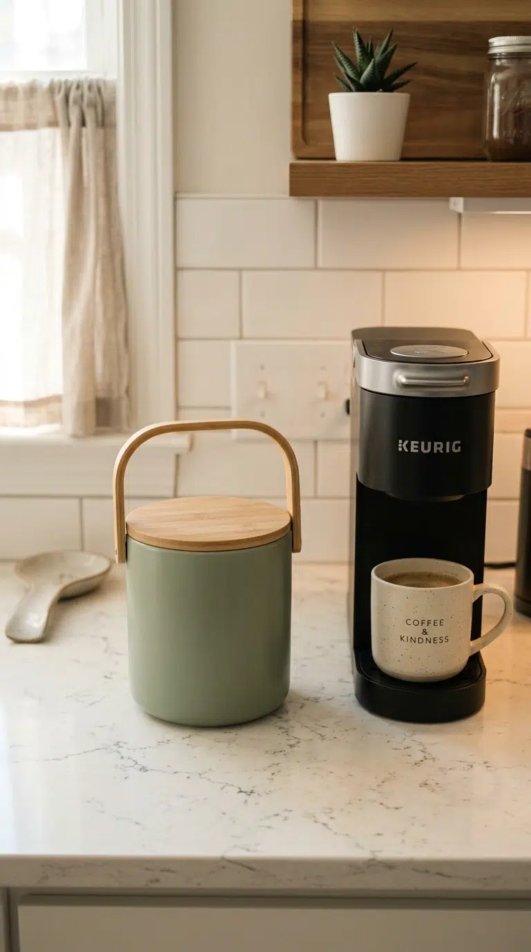 010 A small lidded bin beside a Keurig machine holding