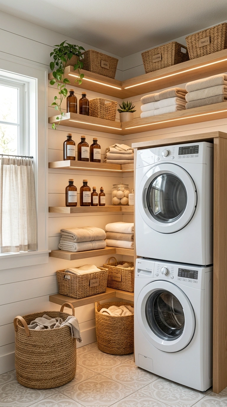 010 A stacked washer and dryer fitted into a corner la