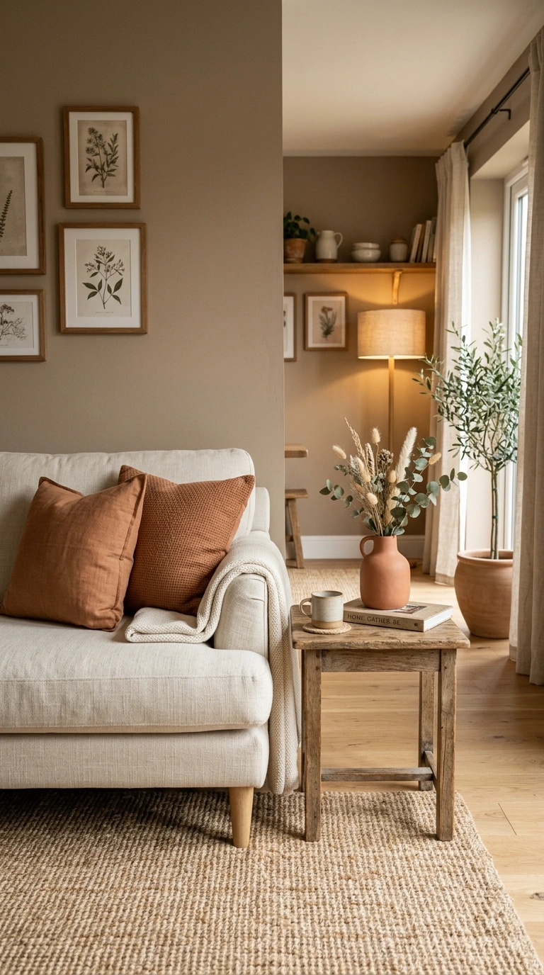 010 A taupe walled living room with warm terracotta th