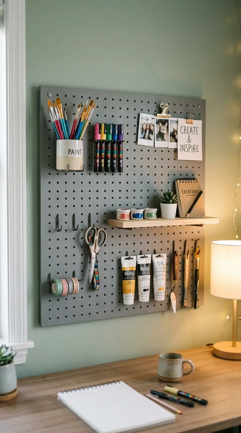 010 A teen bedroom pegboard wall holding art supplies