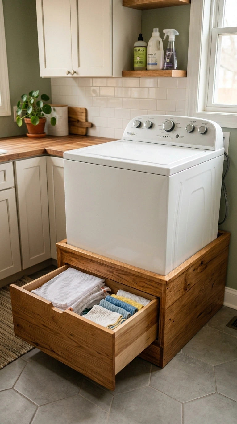 010 A white top load washer raised on a warm oak platf