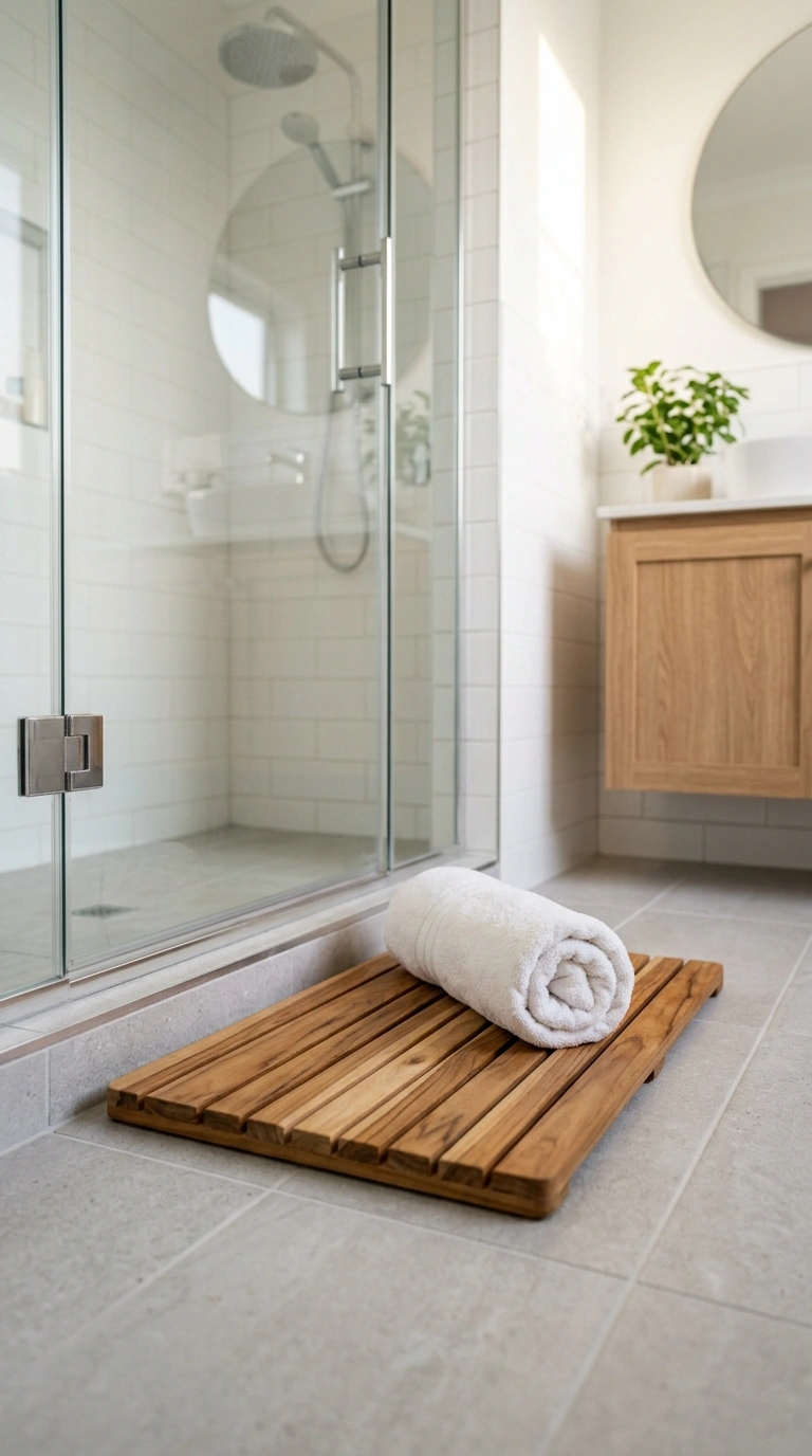 010 Teak Bath Mat A bathroom floor beside a glass show
