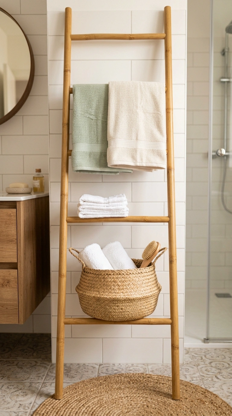 011 A bathroom corner holding a natural bamboo ladder