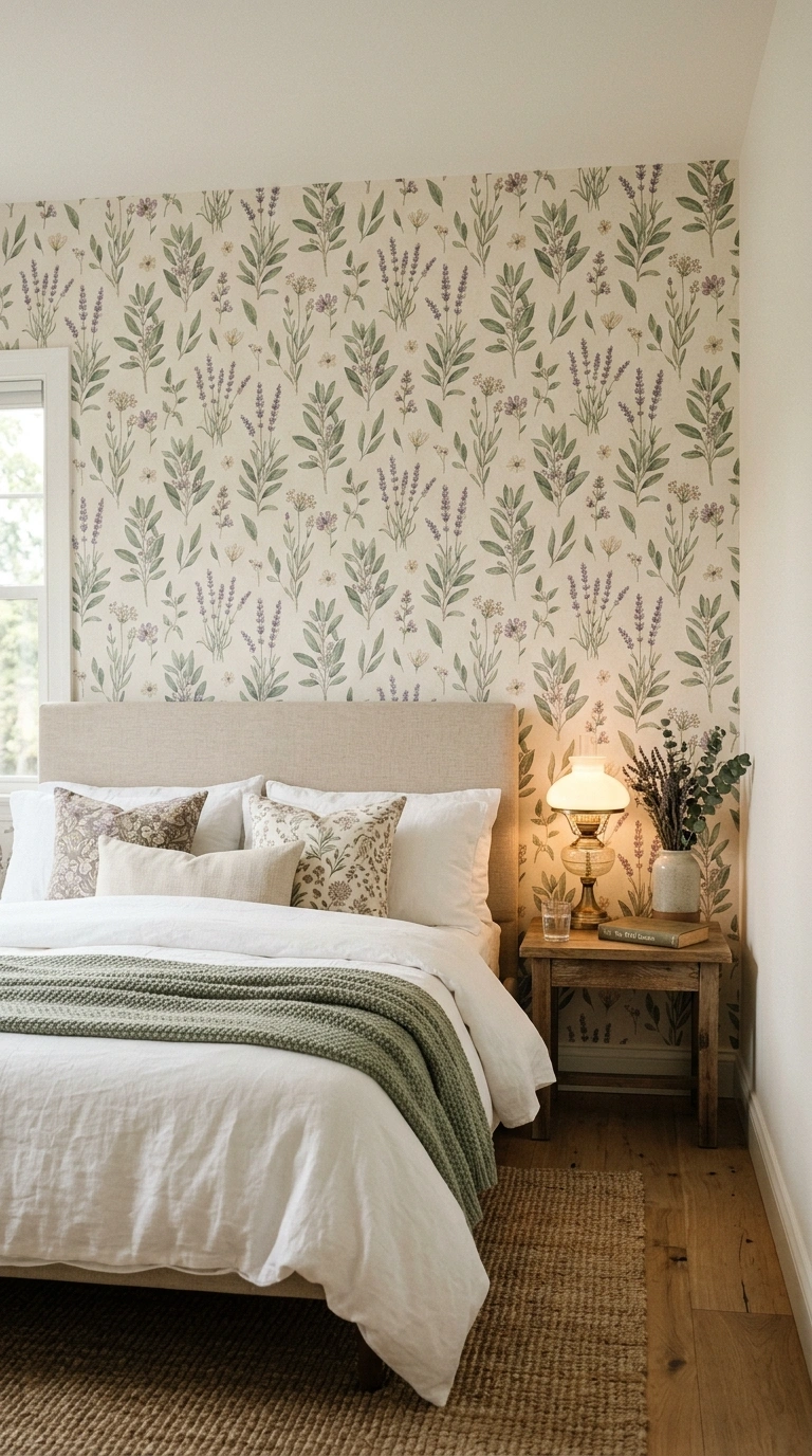 011 A bedroom accent wall covered in lavender and sage