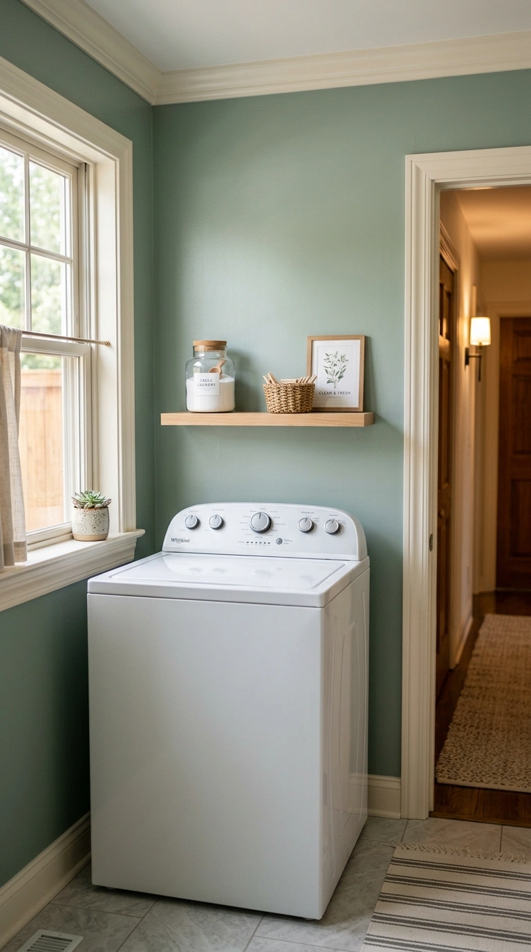 011 A laundry room wall painted soft eucalyptus green