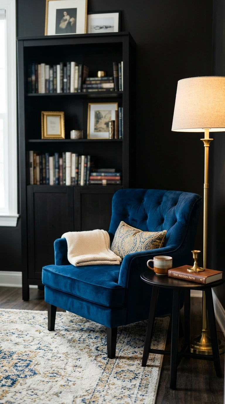 011 A single sapphire blue velvet accent chair angled