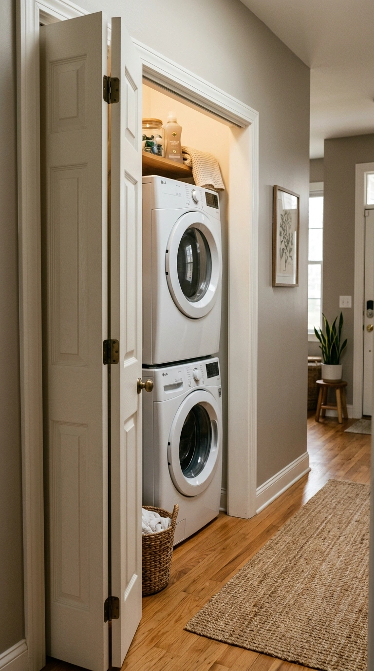 011 A stacked washer and dryer concealed behind open b