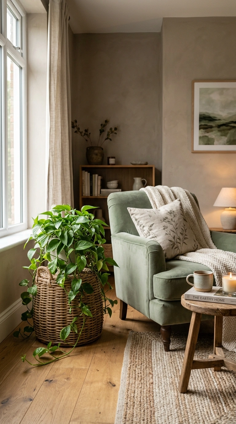 011 A taupe living room with a sage green accent armch