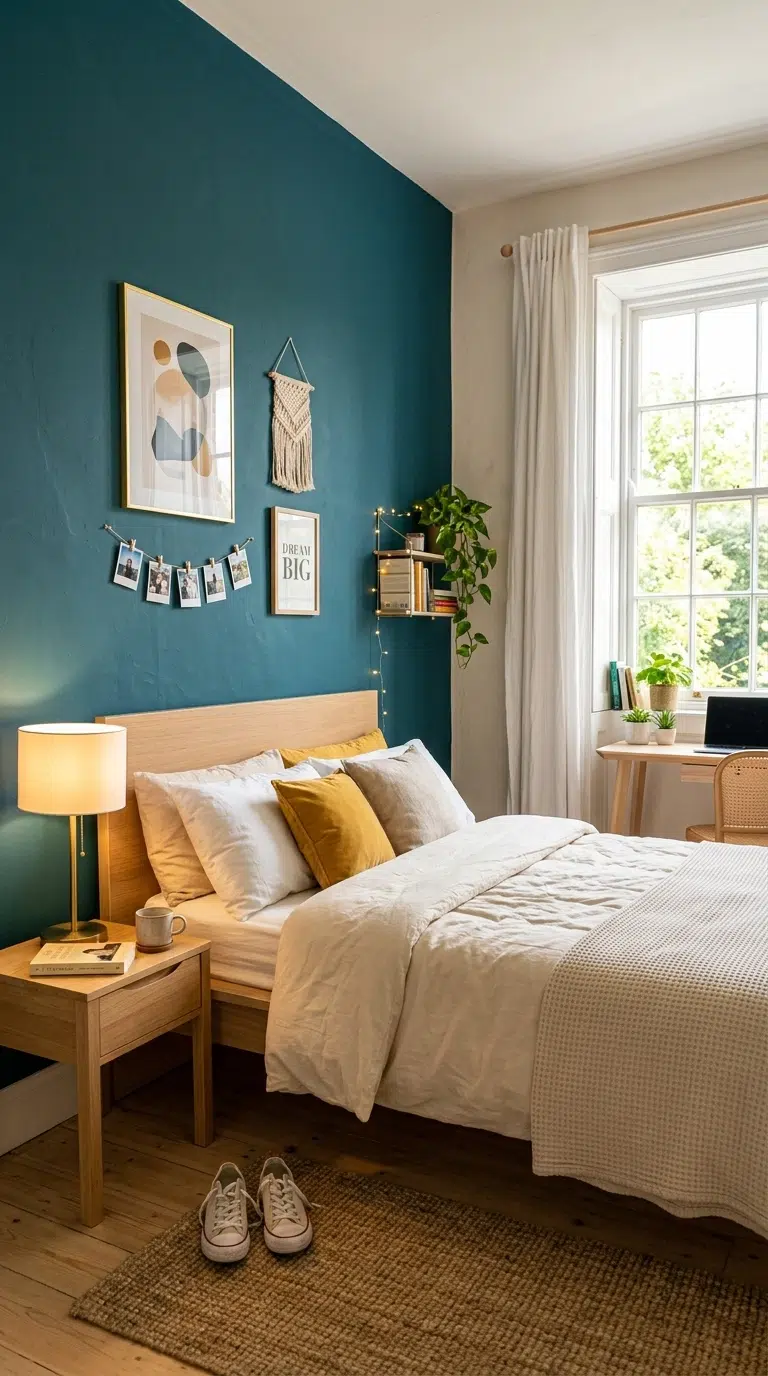 011 A teen bedroom with one deep teal accent wall behi