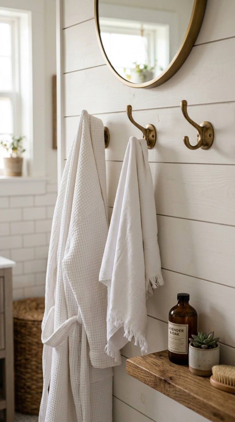 011 Brass Towel Hooks A bathroom wall with a row of br