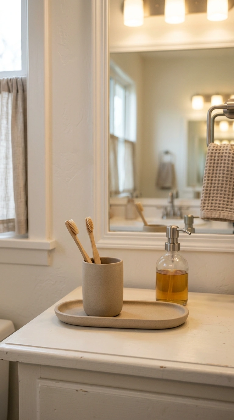 012 A bathroom counter holding a matte soft sand ceram