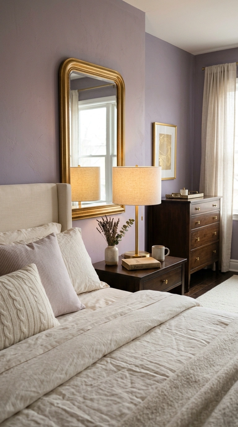 012 A bedroom with lavender walls cream bedding and br