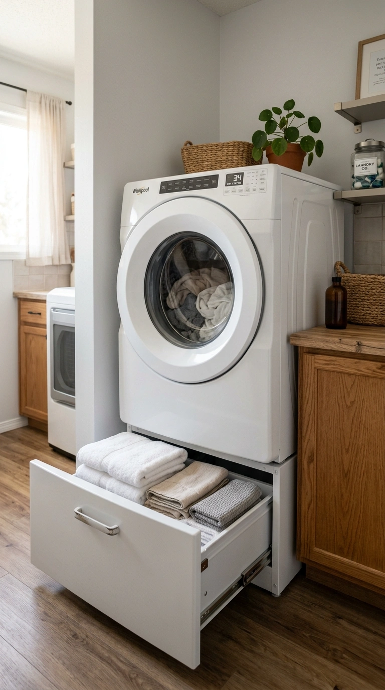 012 A front loading washer raised on a storage drawer