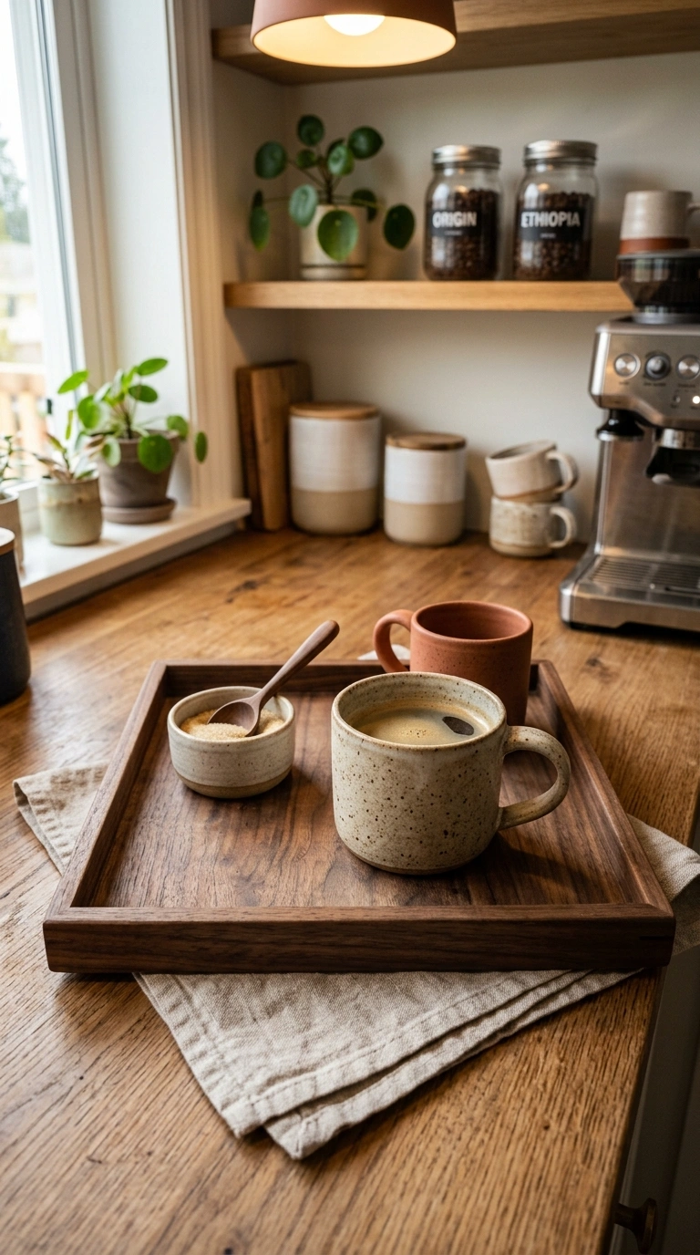 012 A home coffee bar styled with a warm wood serving