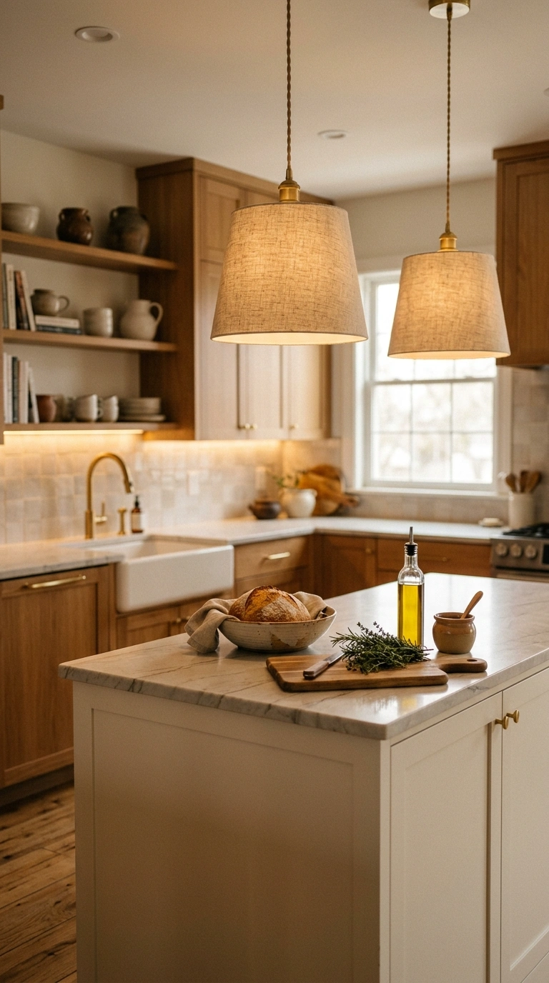 012 A kitchen with a pair of simple linen pendant ligh