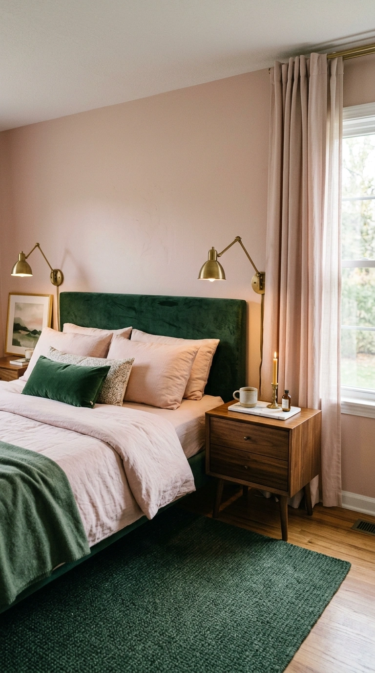 012 A layered bedroom with blush painted upper walls a