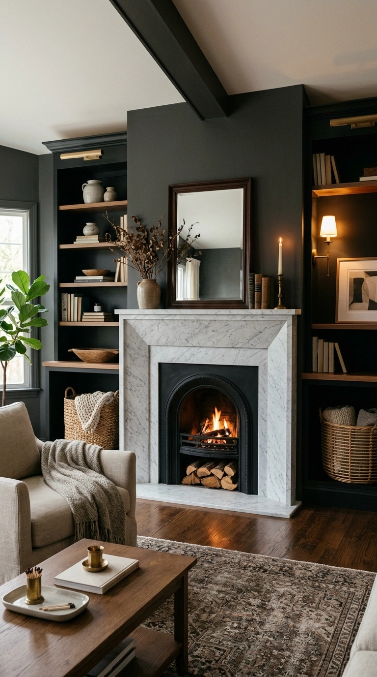 012 A living room with a honed marble fireplace surrou