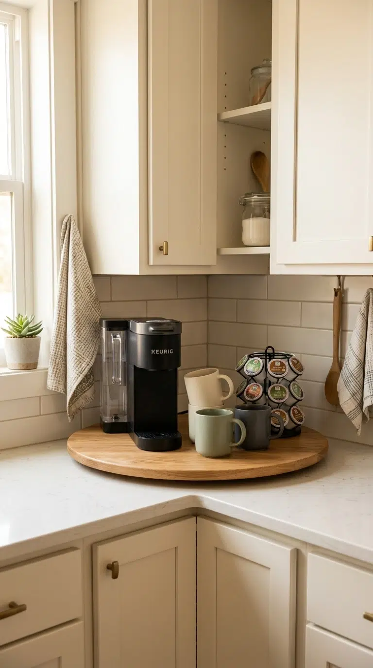 012 A round wood lazy Susan in a kitchen corner holdin