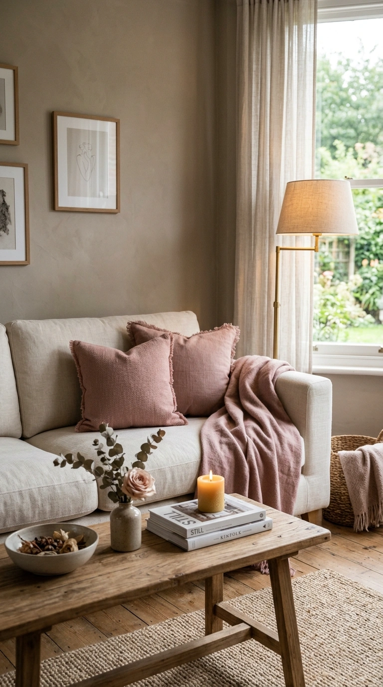 012 A taupe living room with dusty rose throw pillows