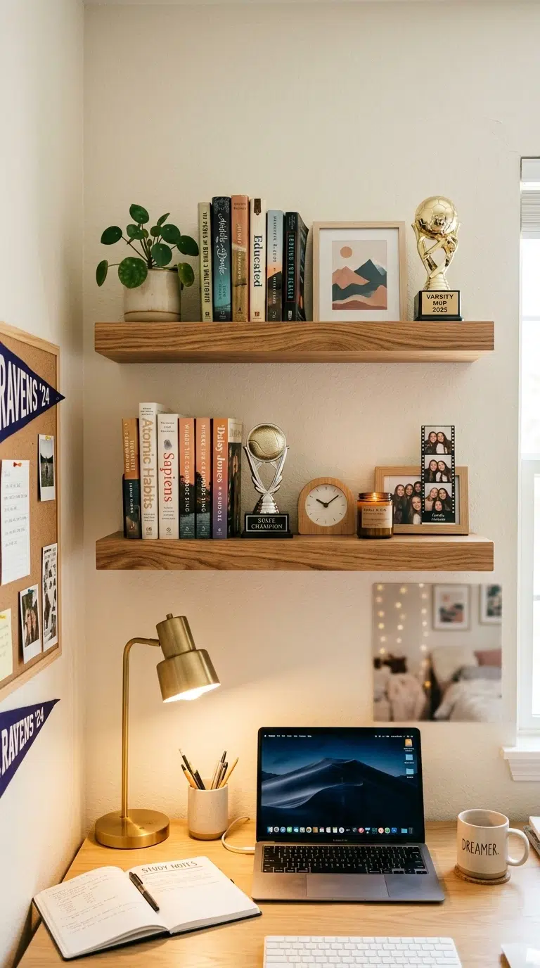 012 Floating wood shelves mounted above a teen bedroom