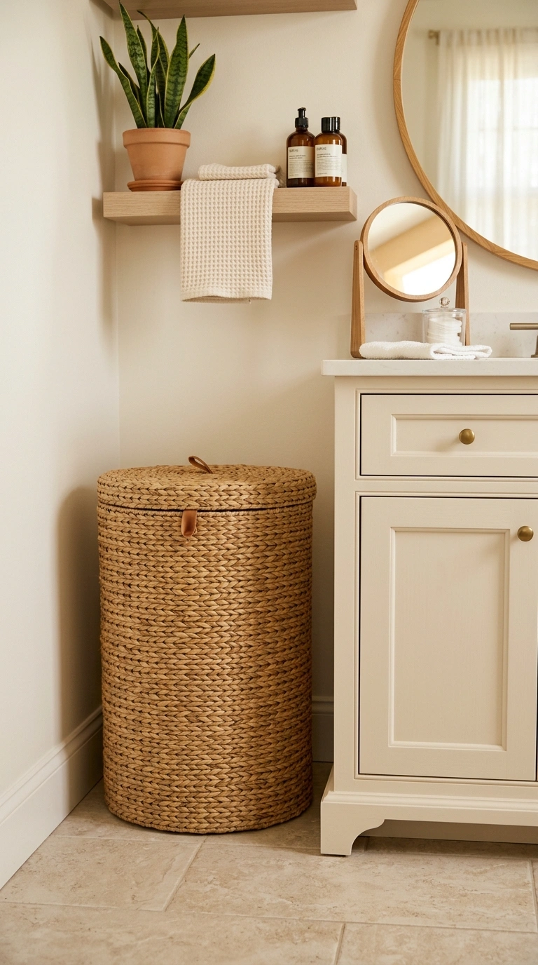 013 A bathroom corner holding a tall woven hamper with