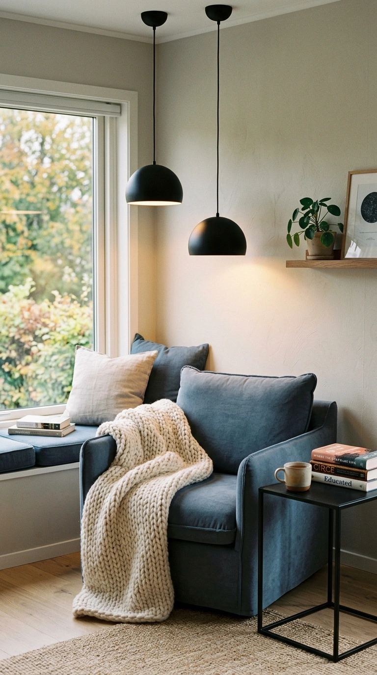 013 A cozy reading nook with two matte black pendant l