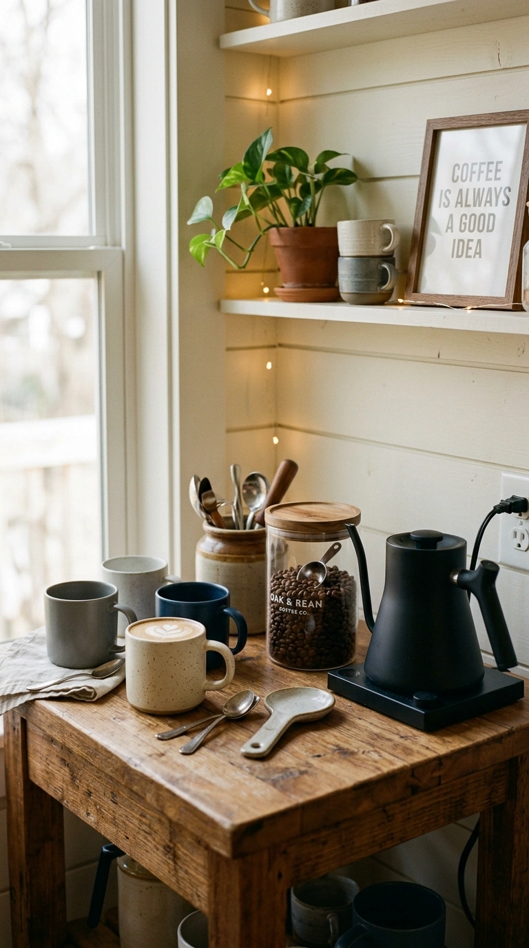 013 A home coffee bar with mugs beans a kettle and spo