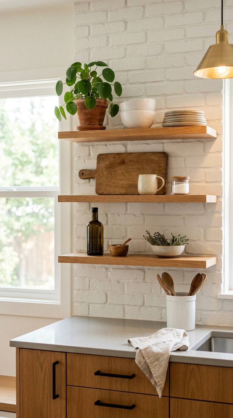 013 A kitchen with a short run of open wood shelves st