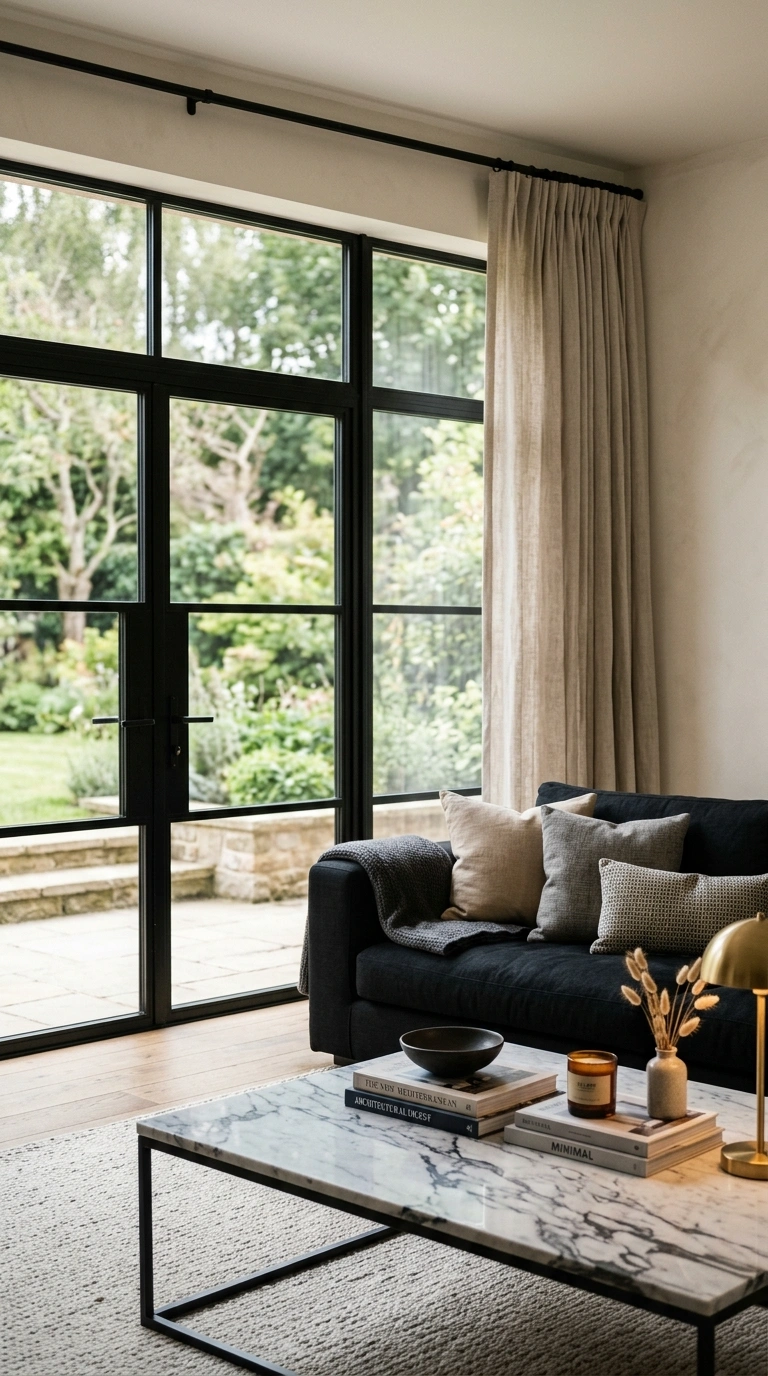 013 A living room with black window frames framing a v
