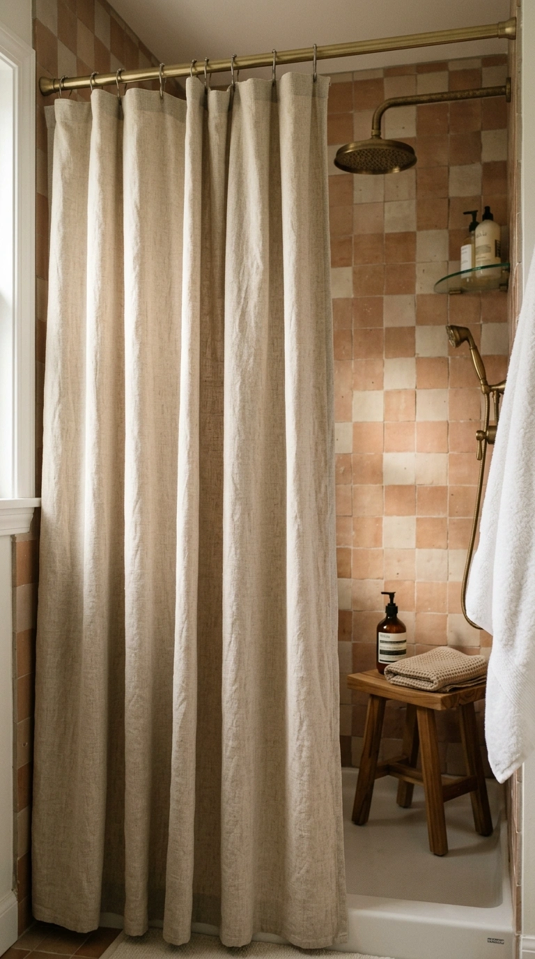 013 A shower area with a soft natural linen shower cur