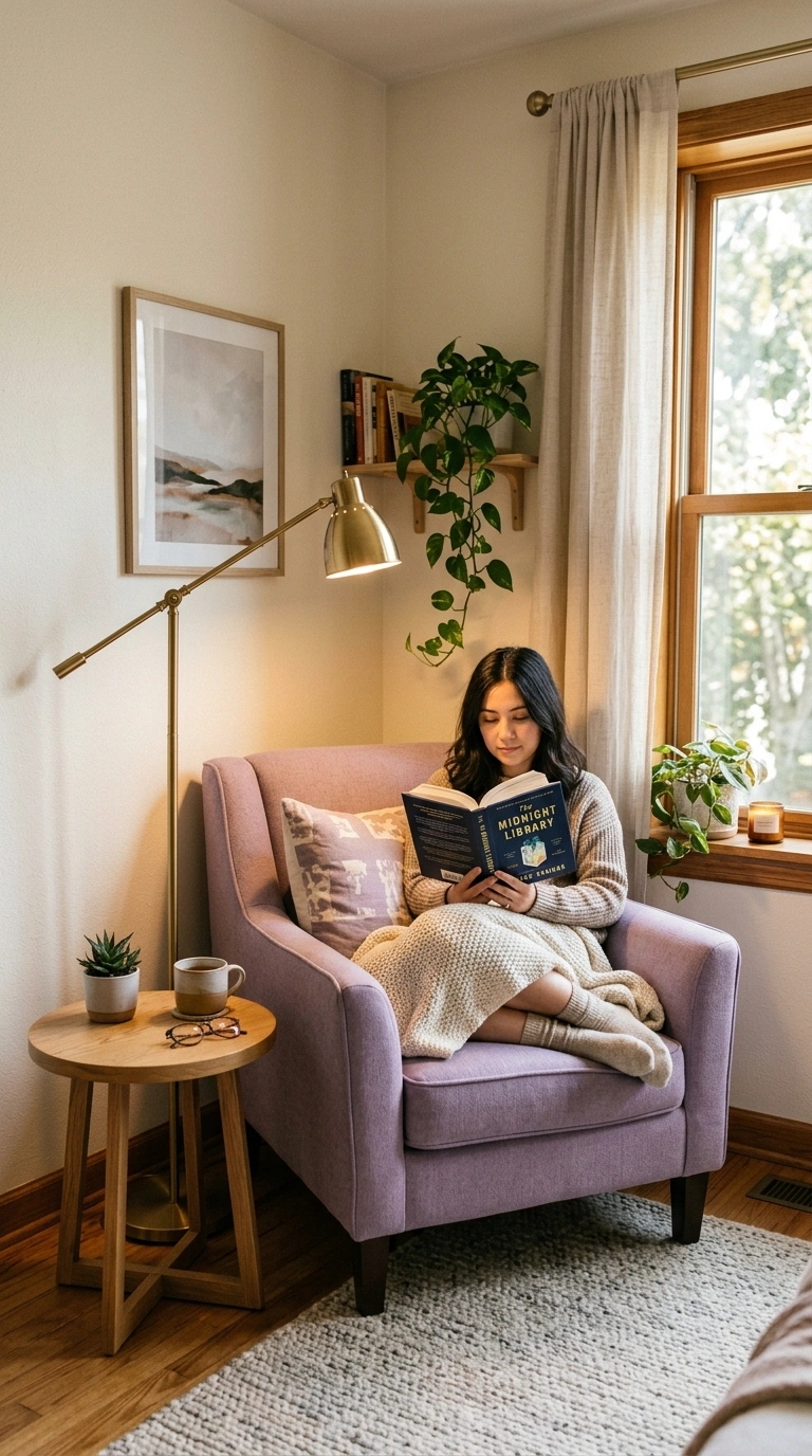 013 A small reading nook in the corner of a bedroom wi