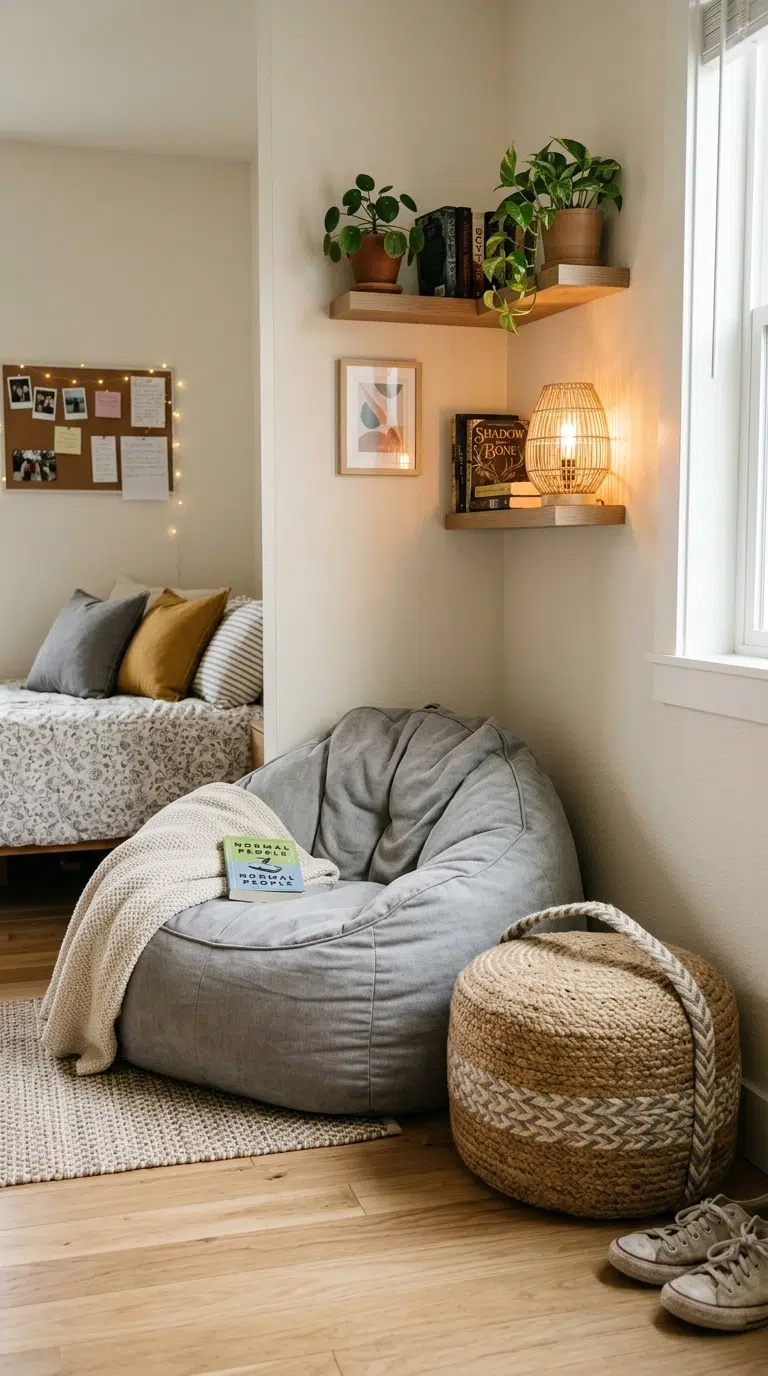 013 A small teen bedroom with a soft gray bean bag cha